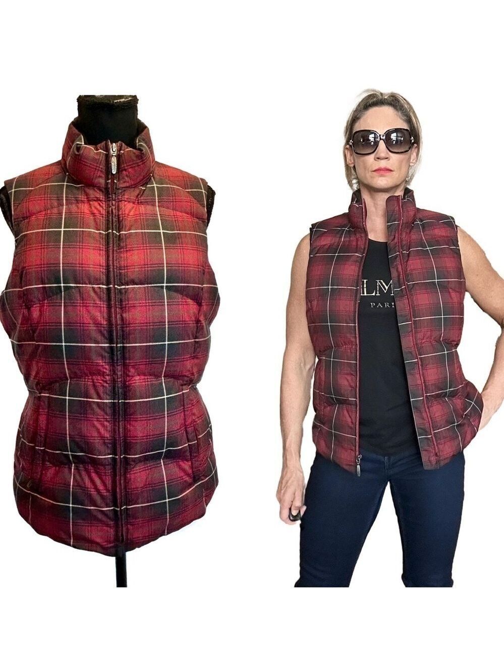 EDDIE BAUER Red Plaid Check Tartan quilted goose Down Puffer Vest Jacket EUC
